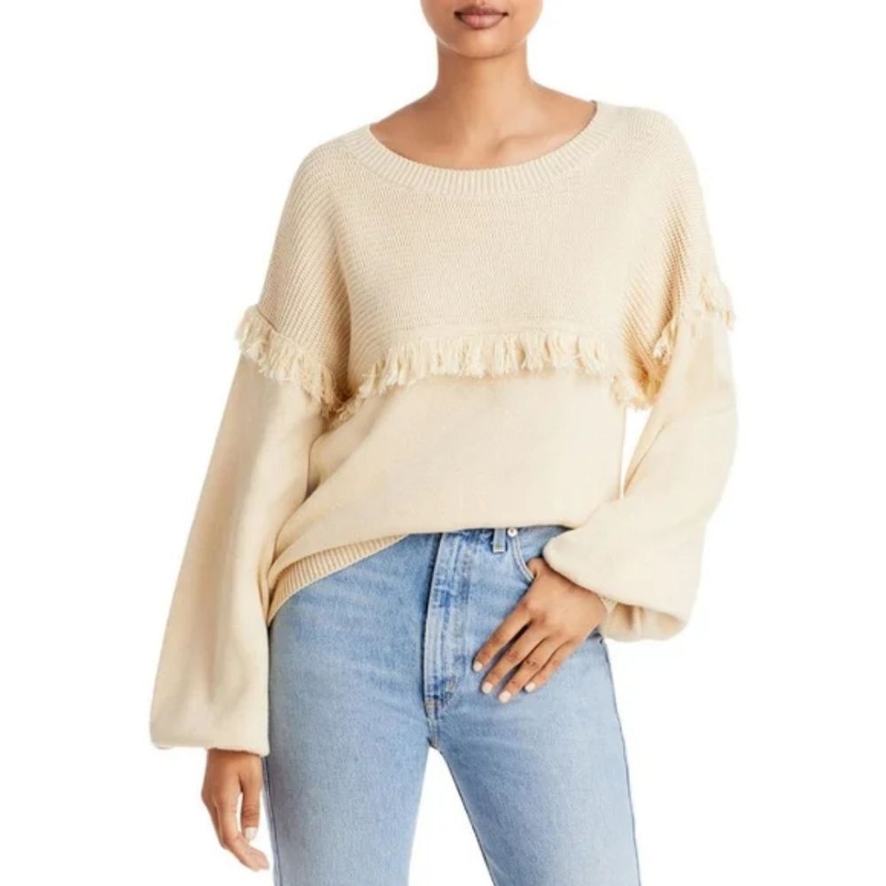Joie Angelia Fringe Cotton Cashmere Bleached Stone Sweater Large NWT
